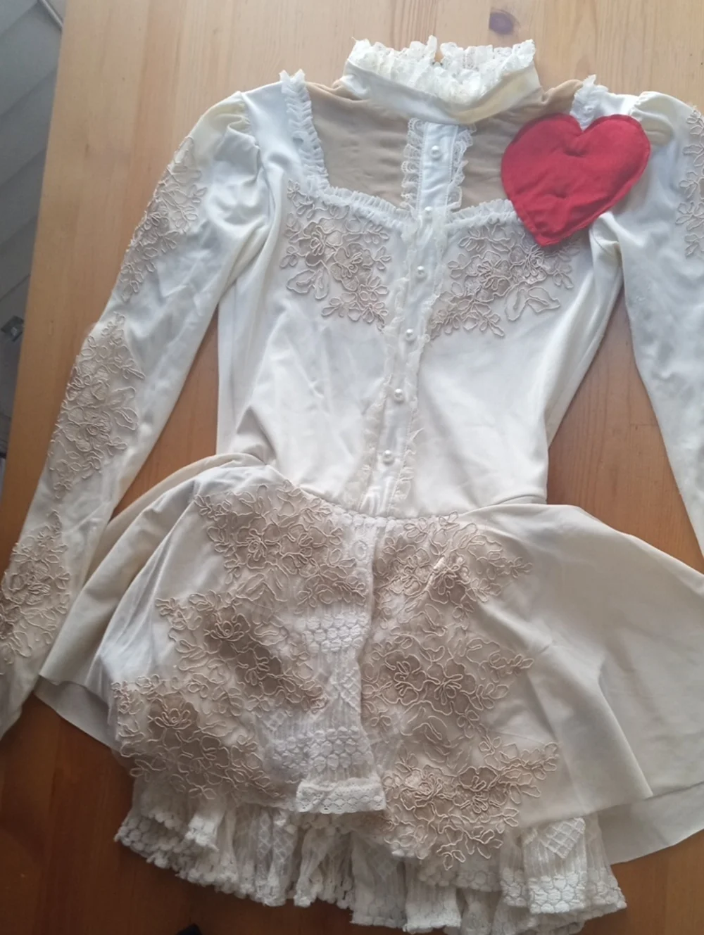 Ivory Lace Figure Skating Quick Change Costume with Red Heart Accent Handmade